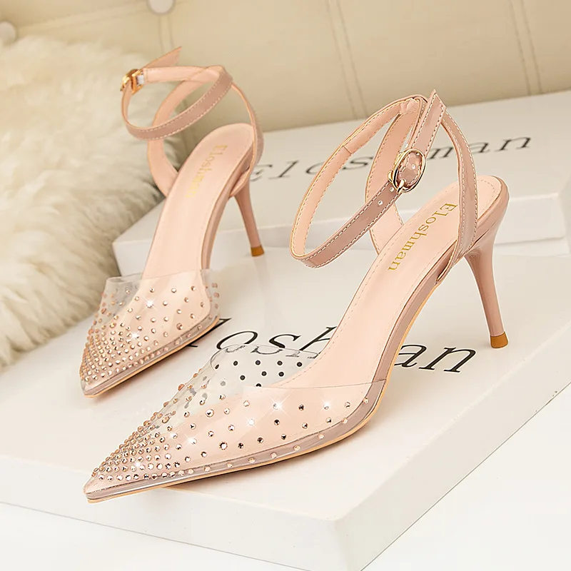 

2026 HOT Rhinestone Clear PVC Transparent Pumps Perspex Heel Stilettos High Heels Point Toes Womens Party Shoes Nightclub Pumps