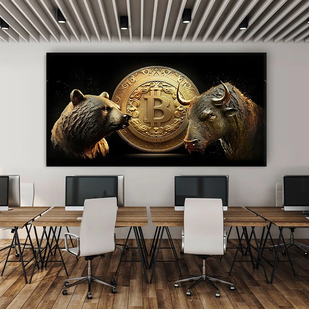 بيتكوين قماش التشفير التاجر جدار الفن الحديثة العملة المشفرة المشارك التاجر مكتب جدار الفن الثور الدب قماش يطبع ديكور التداول