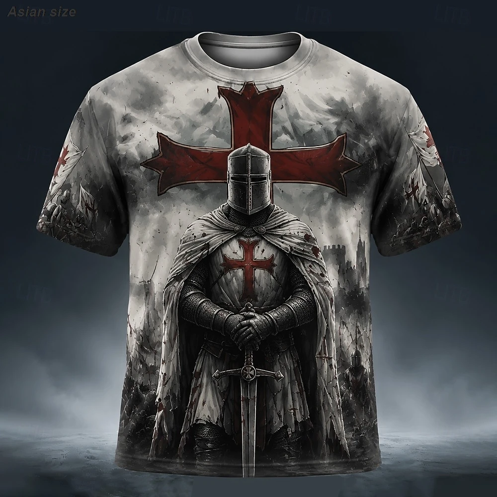 Halloween Men's Knights Templar Crusaders Cross T Shirt Short Sleeve T shirt 3D Print Crew Neck Shirt Gothic Street Dark Party
