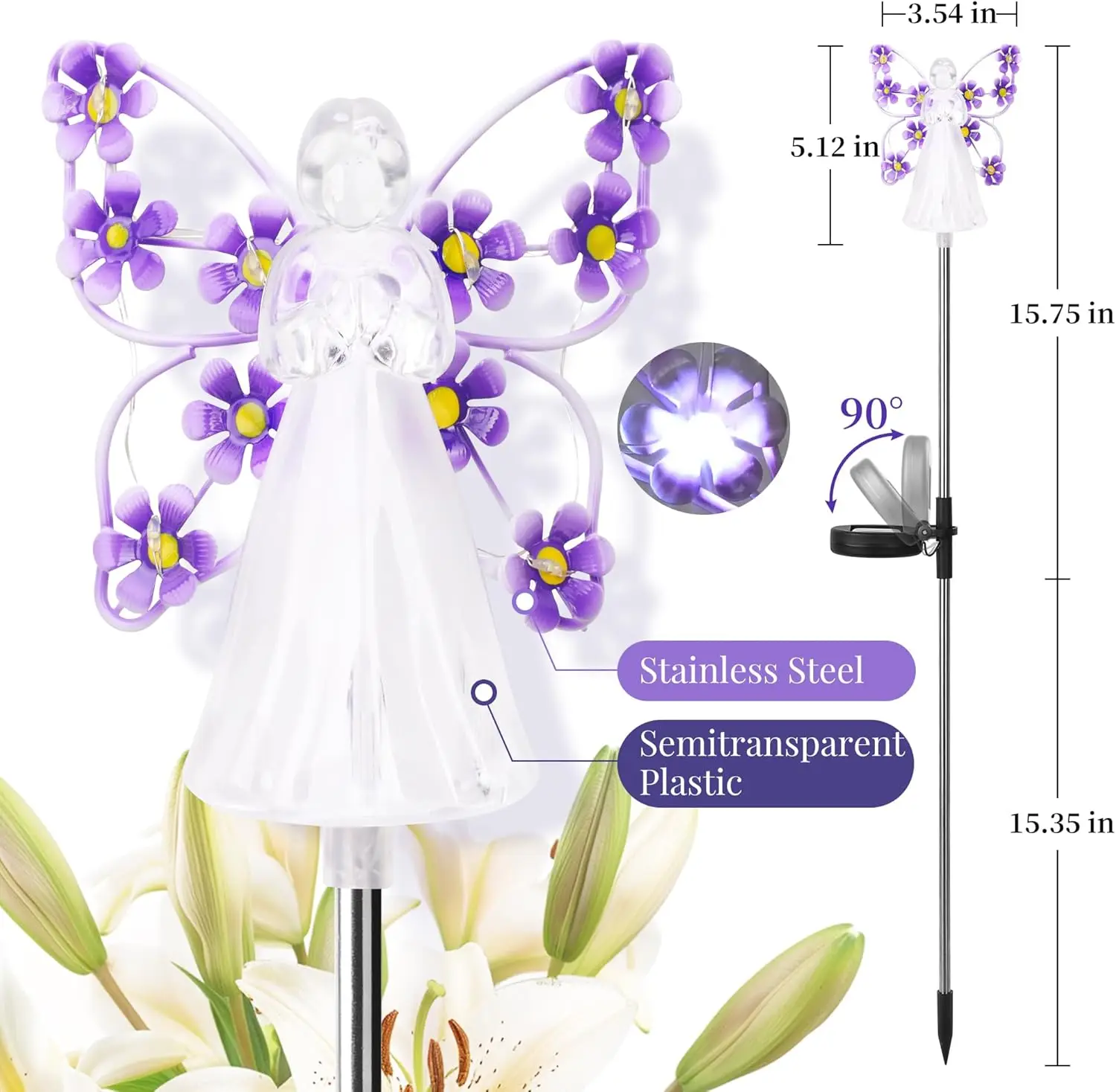 4 عبوات من مصابيح حديقة الملاك الشمسية مع 7 مصابيح LED لديكور المقبرة الخارجية، وفن ساحة التذكاري وعيد الميلاد