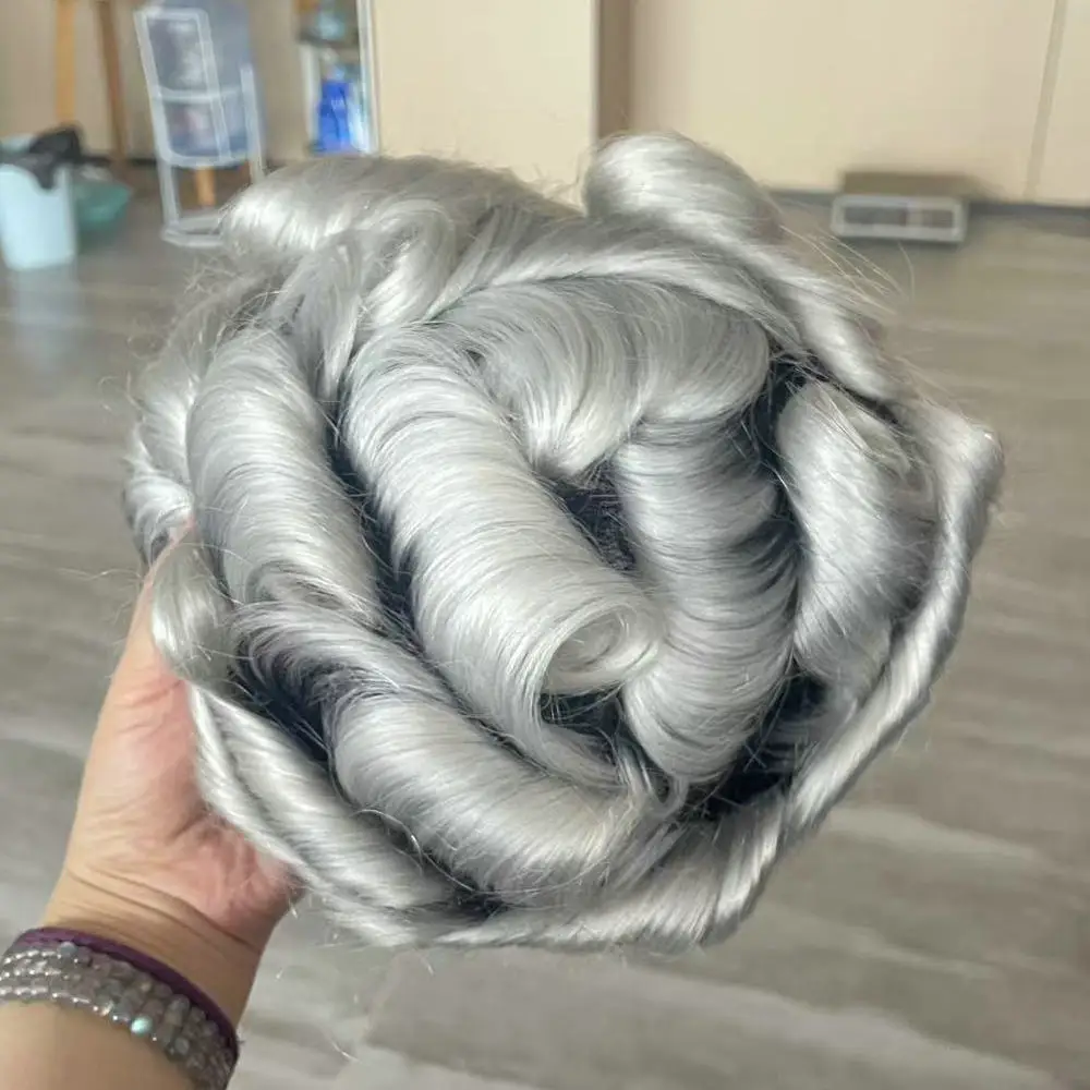 1BT60R Toupet für Männer, Vollständige Schweizer Spitzenbasis, Männliches Haarprothesesystem, Grau-Schwarz, Natürliches Echthaar, Herrenperücke, Haarprothese für Männer – Detail 2