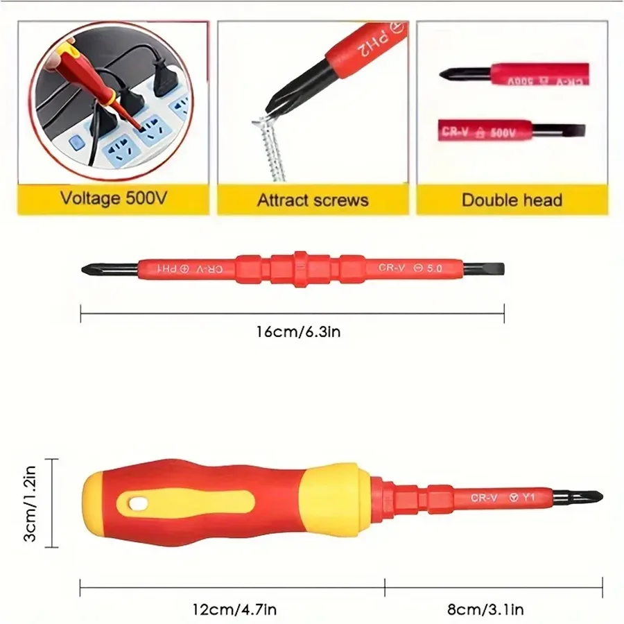 1 Set 7 In 1 500V Changeable Insulated Screwdrivers Set, With Magnetic Phillips And Slotted Bits Electrician Tools Kit