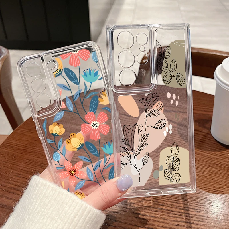 Floral Phone Case For Samsung Galaxy S24 S23 S22 Ultra S21 S23 FE A55 A54 A53 A52 A14 A15 A35 A25 5G Soft Silicone Clear Cover