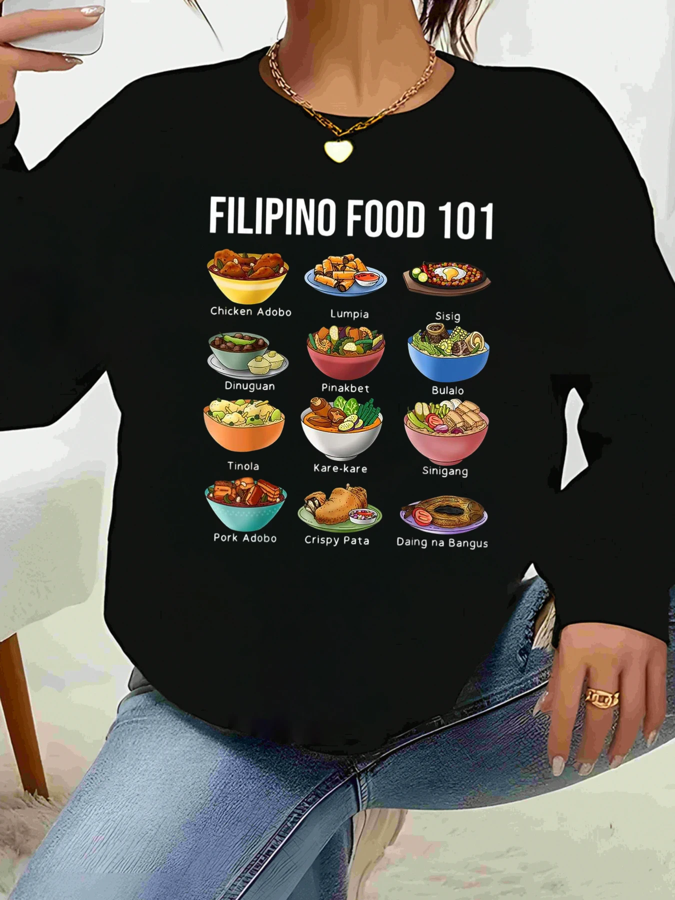 Kaos Lengan Panjang Cetak Filipino Food 101 untuk Pakaian Kasual Wanita dan Pria