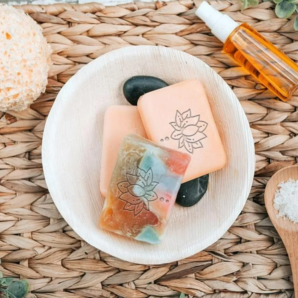 Acrylic Soap Stamp Lotus Flower Handmade Soap Stamp Imprint Stamp 1.3 Inch Square Natural Soap Chapter with Handle for DIY