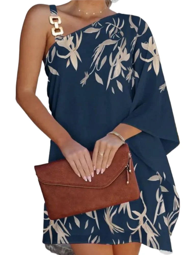 

2024 Summer Dresses For Women Sexy Elegant Irregular Mini Dress Gown Fashion One Shoulder Diagonal Neck Print Vintage Vestidos