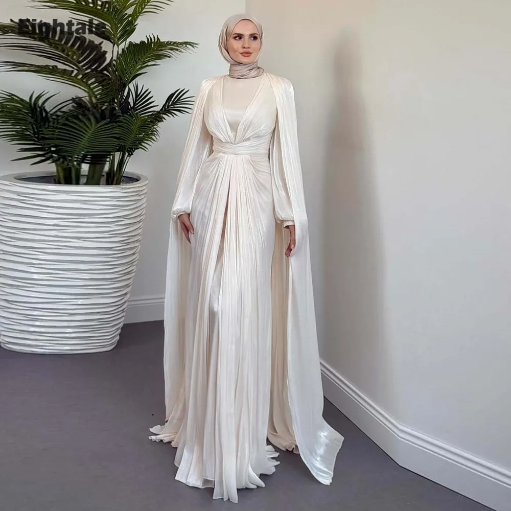 

Eightale Arabic Evening Dress High Neck Pleats Customized Muslim A-Line Long Sleeves Prom Wedding Party Gown Vestidos De Gala