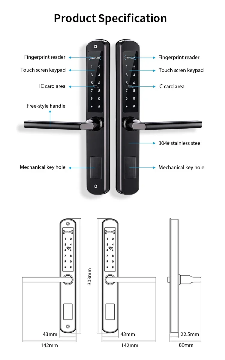 Imagem -05 - Inteligente Digital Dupla Face Senha Fechadura da Porta Alumínio Door Lock Mortise Ttlock Cartão Pincode para Ponte Quebrada Euro 3085