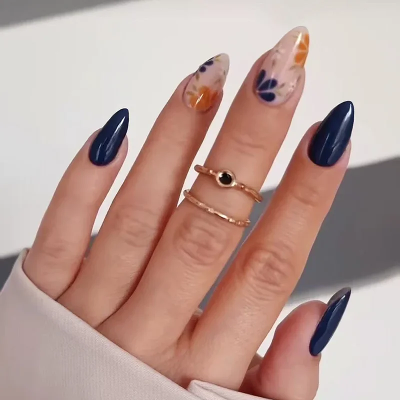 24Pcs Oval-shaped Fake Nail Tips Rhinestone False Nails Wine Red Floral Print Press on Wearable Gentle Flower DIY Stick on Nails