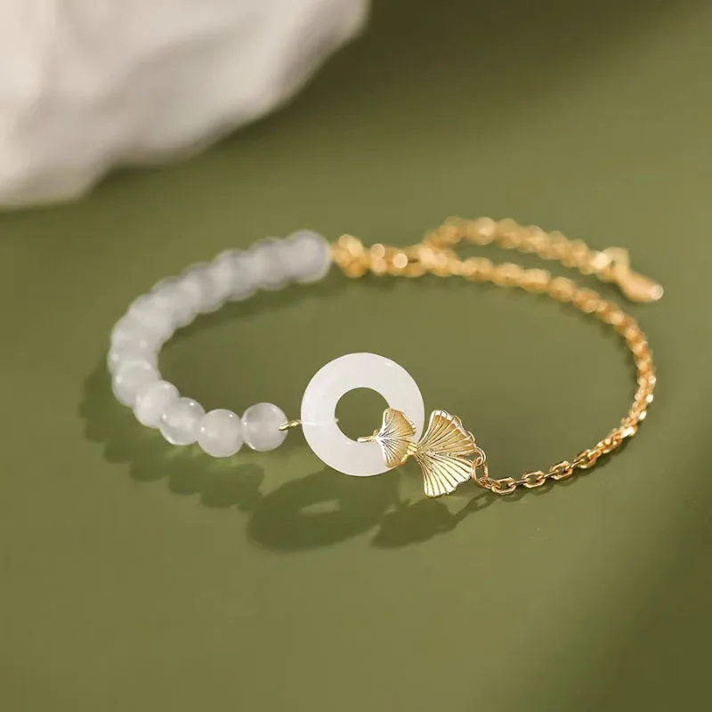 925 Sterling Silver Bracelet White Jade Golden Gingko Leaf Geometric For Woman Girl Fashion Jewelry Gift Dropship Wholesale