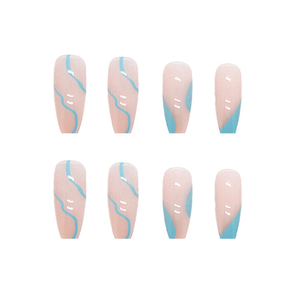 24PCS Long Press On Nails Blue Waves Design Sweet Style Full Coverage Nails