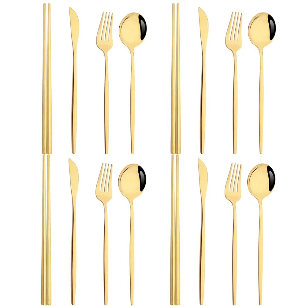 

Drmfiy Gold 16Pcs Flatware Set Stainless Steel Cutlery Set Kitchen Knife Fork Spoon Chopsticks Dinnerware Western Home Tableware