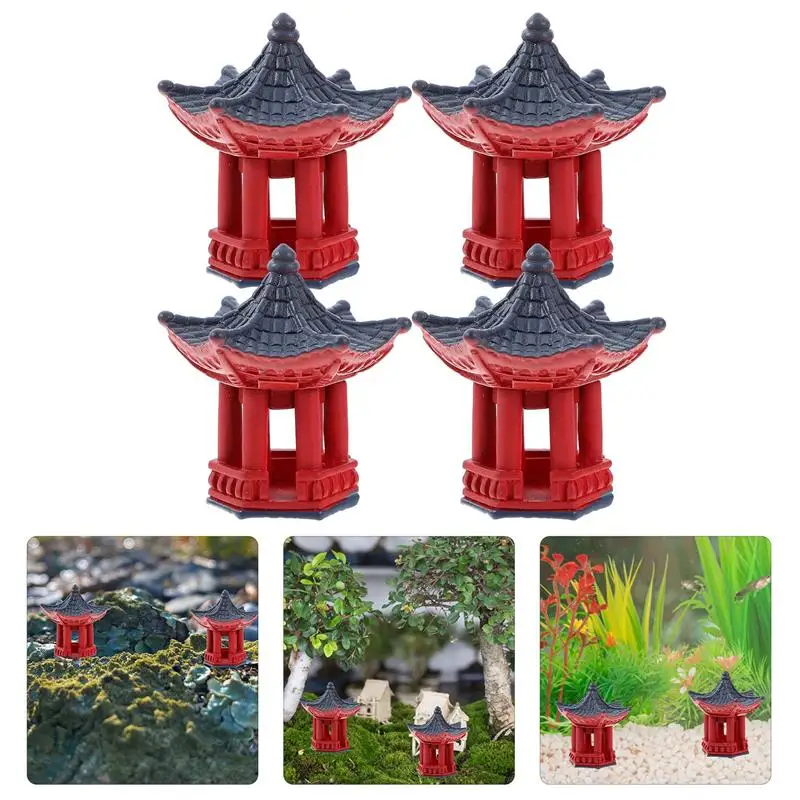 4pcs Mini Pavilion Statue Japanese Resin Pavilion Bonsai Micro Landscape Pagoda Decoration Christmas Decoration