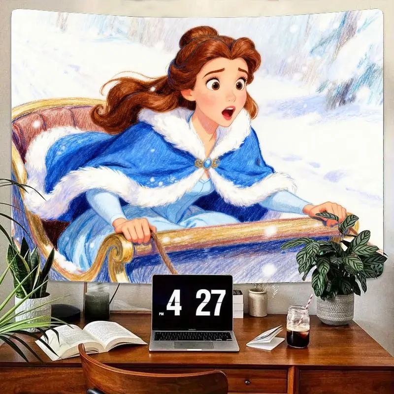 

1 шт., зимний гобелен с саними Disney Princess Belle, синий плащ, настенный художественный декор для девочек, спальня, гостиная, подарок для фанатов