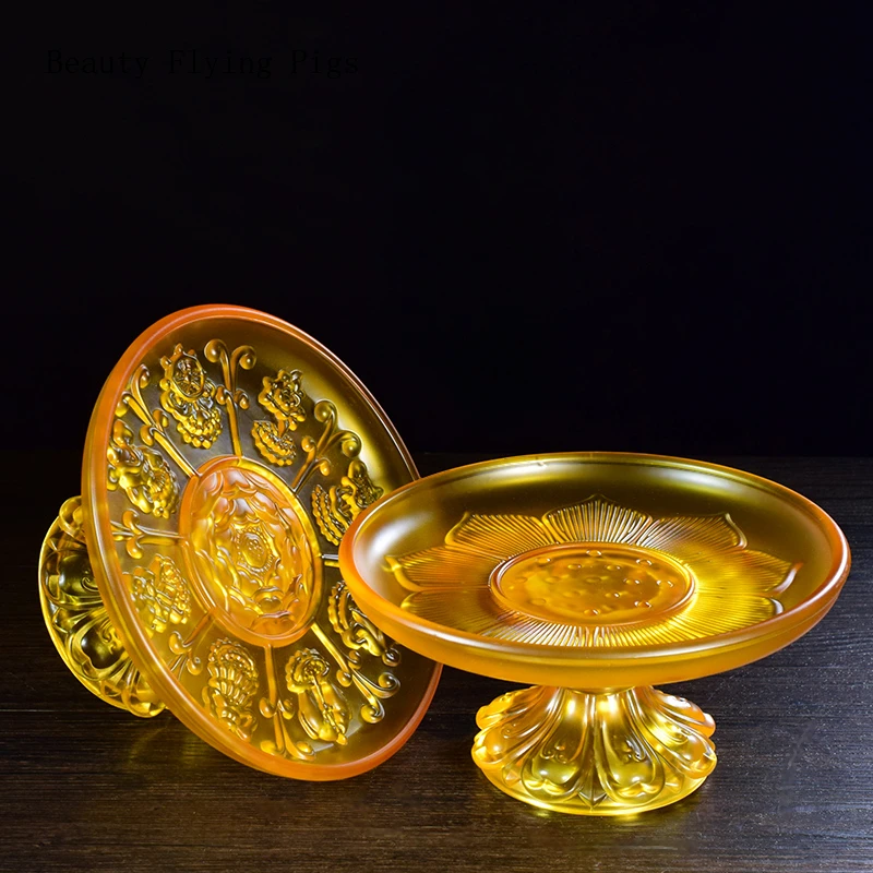 Vintage Imitation Glass Auspicious Lotus Buddha Hall Buddha's Front Offering Fruit Offering Plate dessert plate feng shui