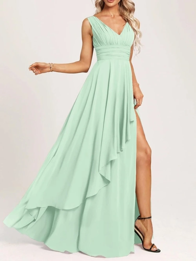 Customized New Deep V Wide Sling Sleeveless Chiffo Formal Dresses Wave Edge Chic Side High Split Brideamaid Robe Popular French