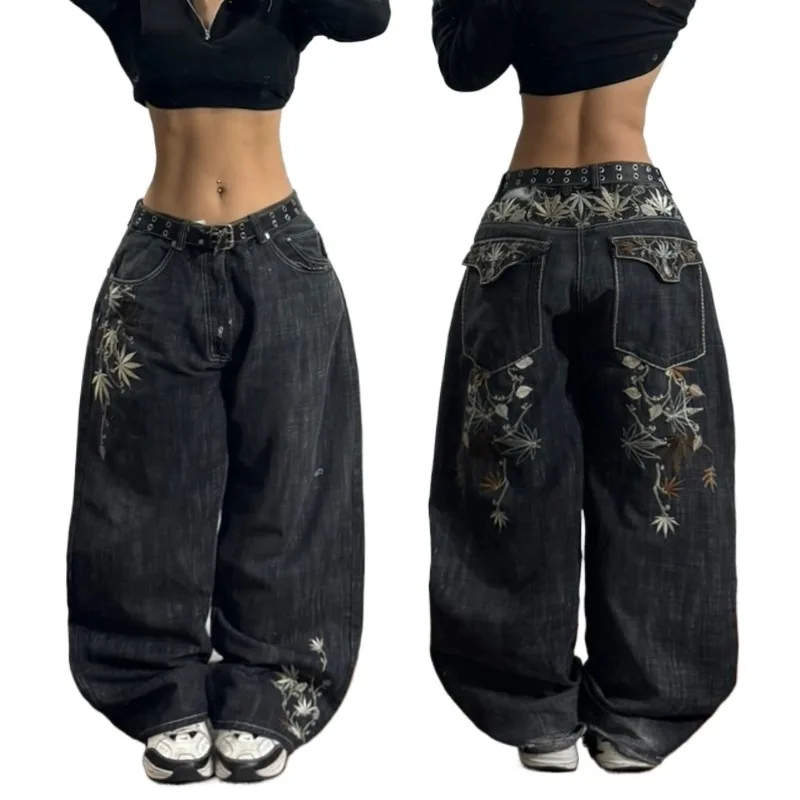 Y2K Street New Fashion Print Black Washed Loose Jeans Female Gothic Harajuku Retro Youth Plant Color High Waist Wide-leg Pants