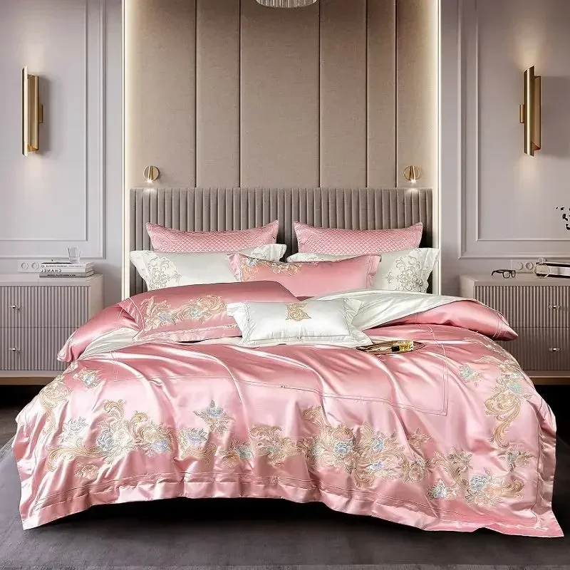 White Pink Luxury Bedding Set Satin Brocade 1000TC Egyptian Cotton Flowers Embroidery Silky Duvet Cover Bed Sheet Pillowcases