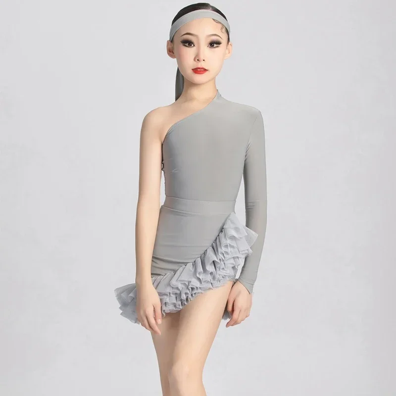 

Latin Dance Dress Set Kids Performance Dancing Costume for Girls Single Sleeve Gray Stage Samba Chacha Rumba Salsa Clothing