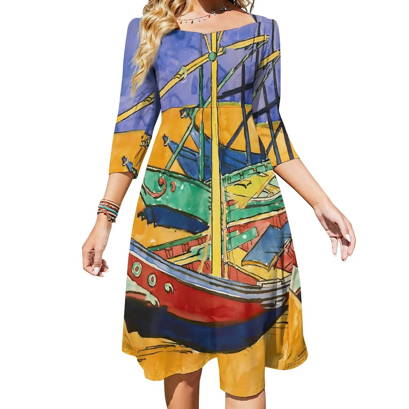 Vincent Van Gogh Dress Summer Fishing Boats Beach Dresses Female Three Quarter Street Wear Printed Oversized Casual Dress