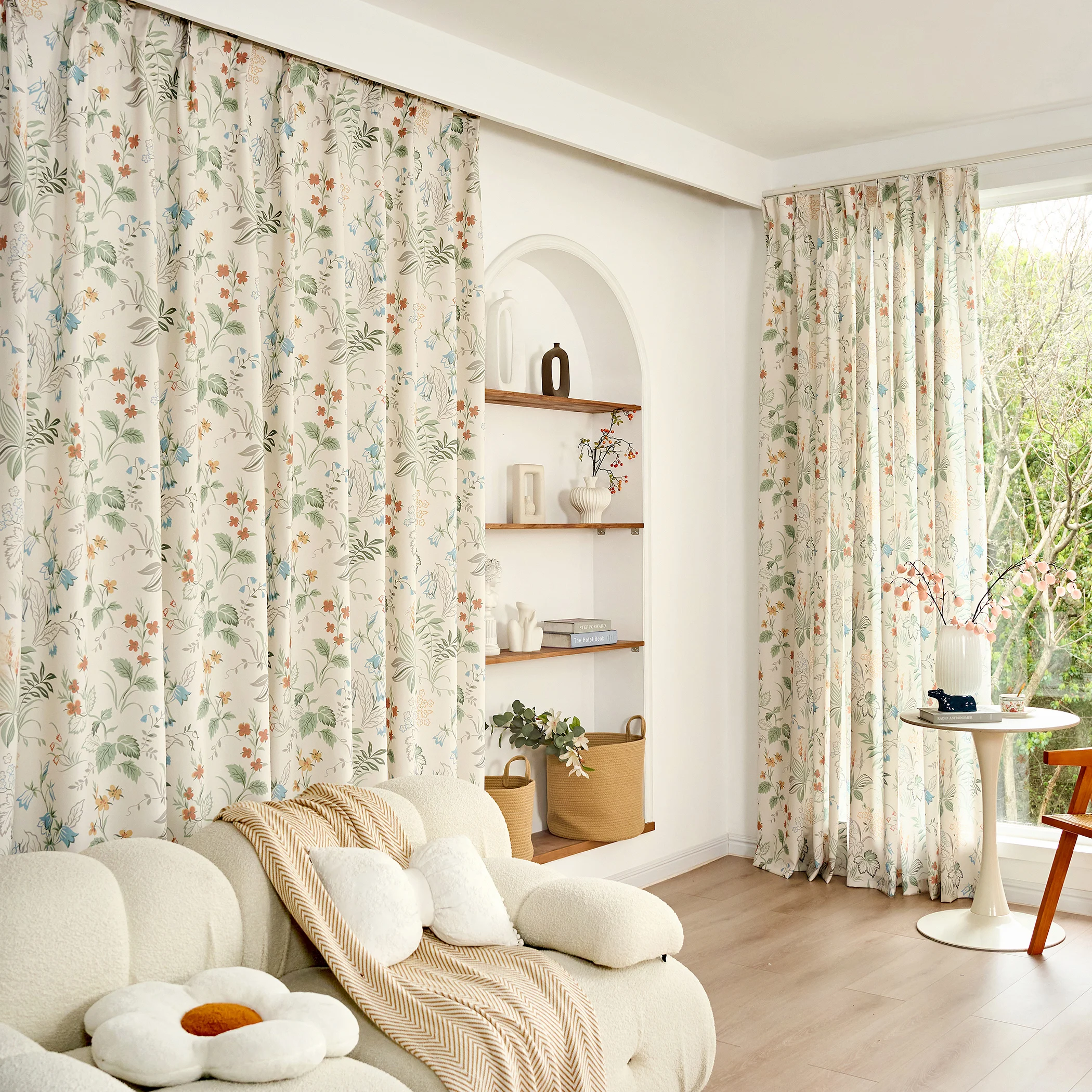 Vintage Botanical Floral Semi Blackout Curtain for Bedroom Living Room Pastoral Green Leaf Wildflower Print Window Treatments
