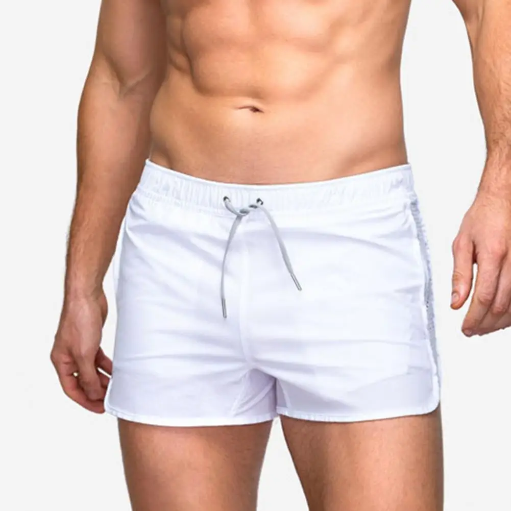 Shorts de praia de cordão de malha rápida masculina, elástico na cintura, cós, monocromático, surf, fitness, esporte, sólido