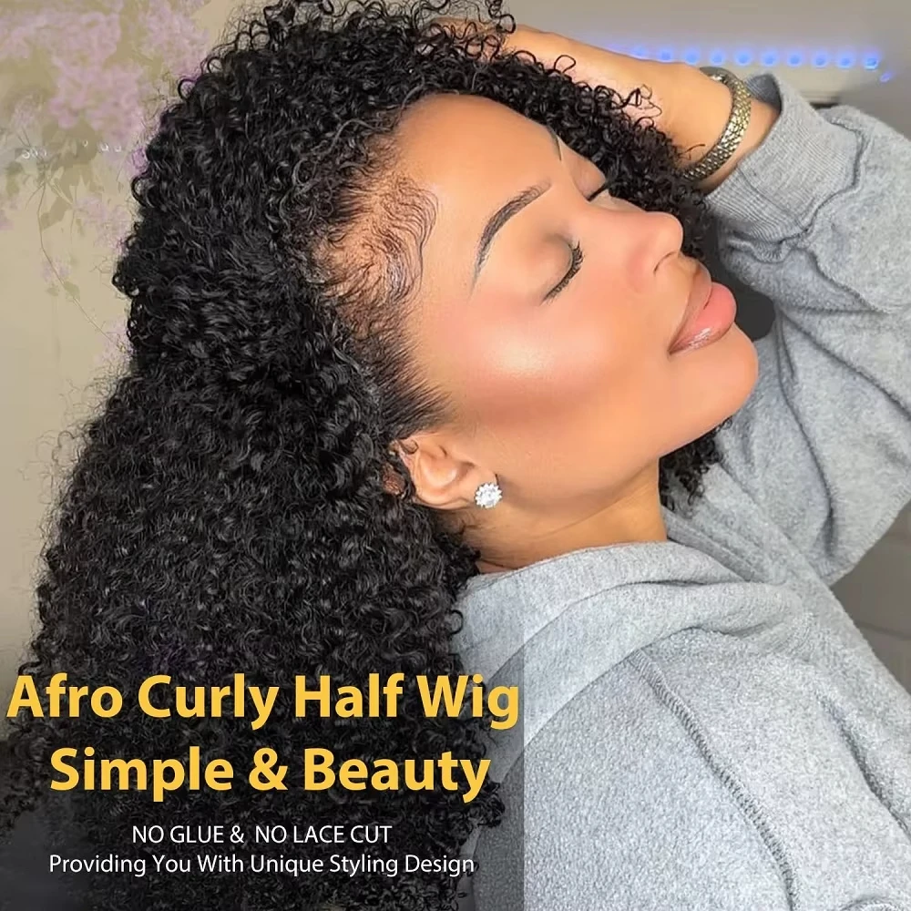 Afro Kinky Curly Half Wig Vietnamese Human Hair Wig With Drawstring Seamless Clips Full Machine Made Wig Deep Curly Half Wig