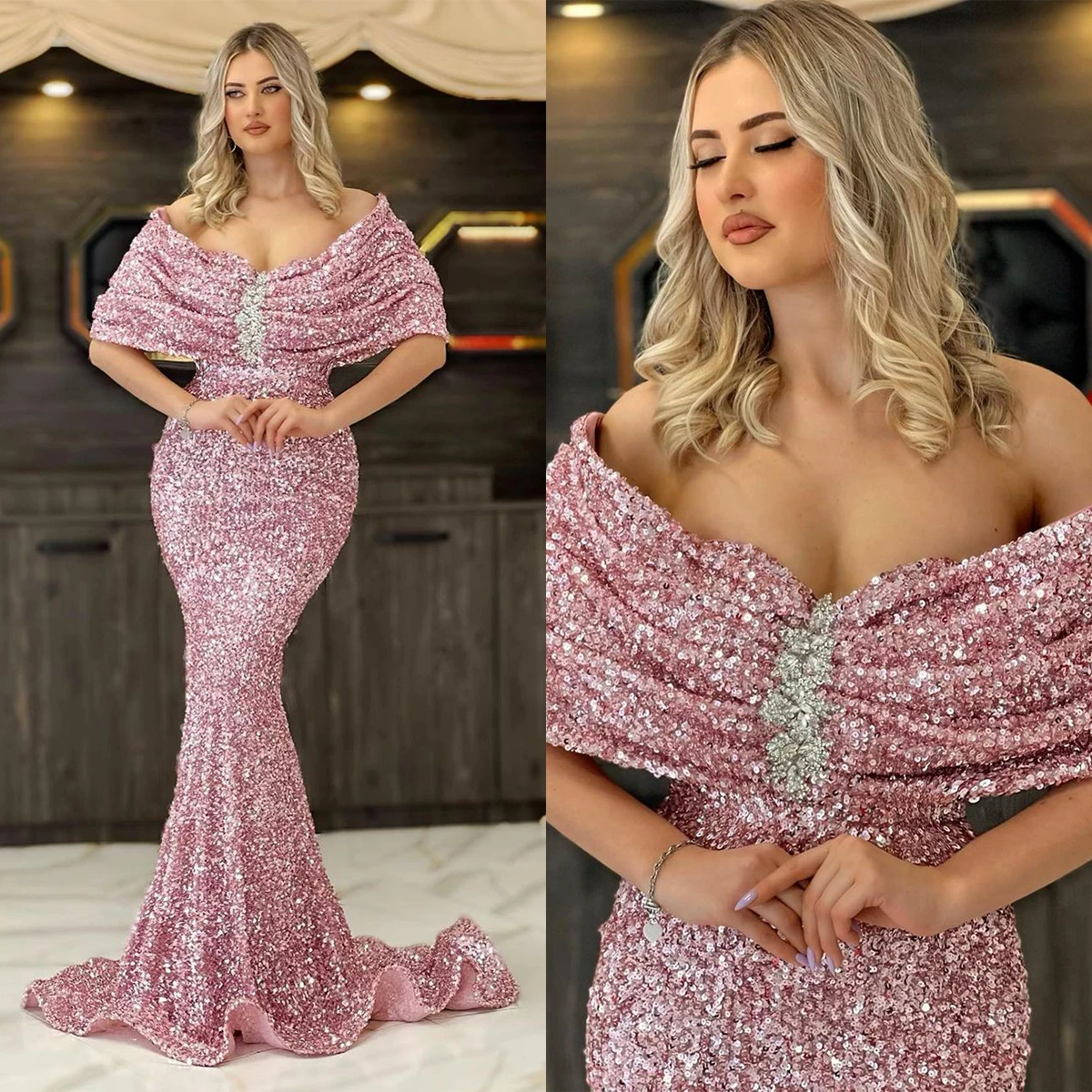 Gorgeous Evening Dress Mermaid Formal Occasion Dresses Off the Should Sequined Ruffles Court Gown Prom Dress Vestido De Noite