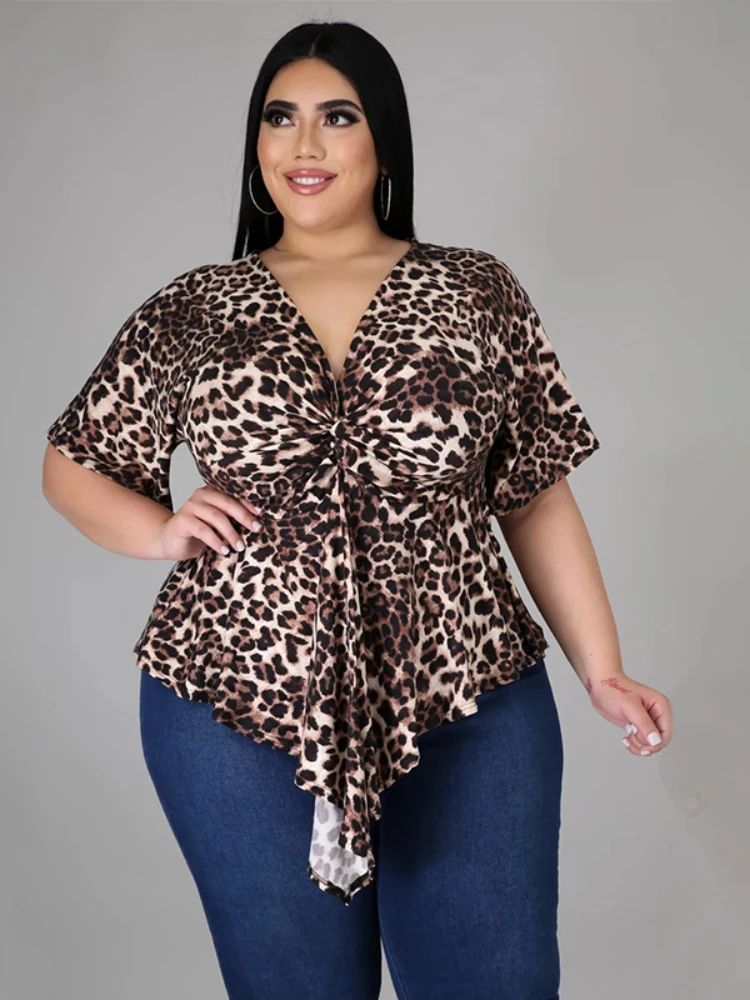 Plus Size Tops 4XL Women V Neck Short Sleeves Irregular Leopard Shirt Blouse for Ladies Casual Office Work Wear Shirts 2023