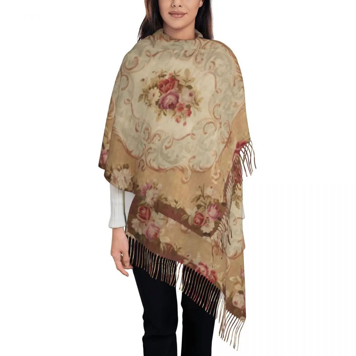 

Lady Long Antique Rose Floral French Aubusson Rug Print Scarves Women Winter Soft Warm Tassel Shawl Wraps Vintage Carpet Scarf