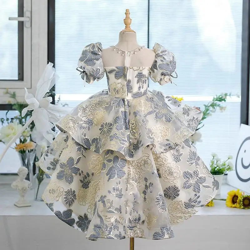 2024 Girl Elegant Dress Flower Princess Dresses Bubble Sleeves High Quality Birthday Children  Frock Host Performance Clothing