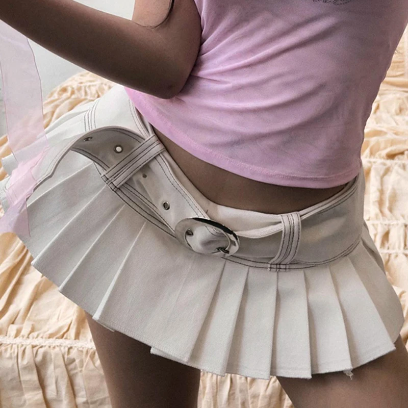 Darlingaga Streetwear White Summer Denim Skirt Women With Belt Low Waisted Hottie Sexy Pleated Skirt Mini Stitching Girls Bottom