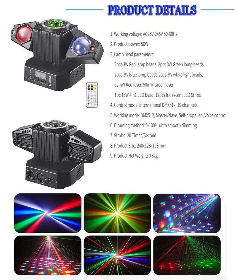 50W Mini RGBW LED Beam Moving Head Light with Magic Ball Remote Control R+G Laser DJ Disco Party Lights For Birthday Wedding Bar
