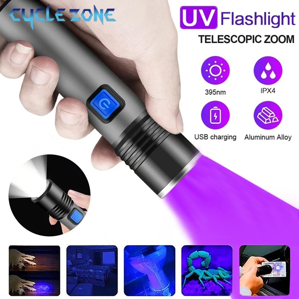 

Zoomable 365nm UV Flashlight Rechargeable Zoom Ultraviolet Torch Pets Urine Cat tinea Money Ore Scorpion Detection Black Light