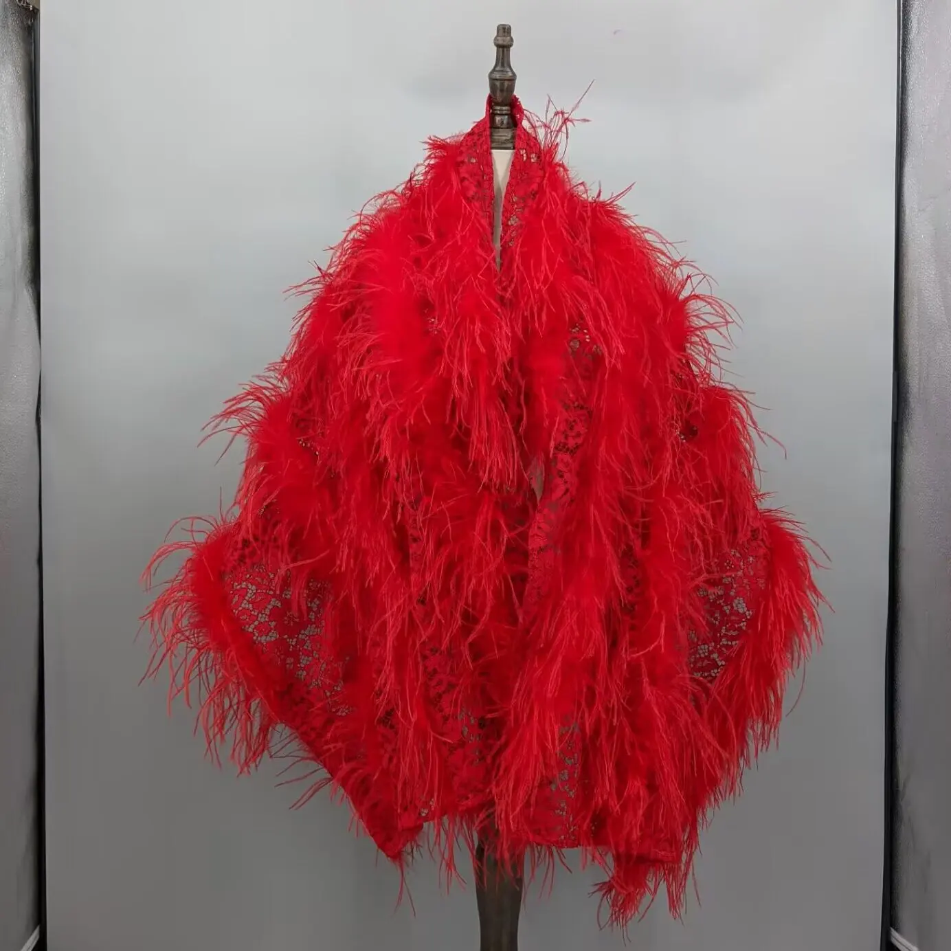Women Bright Red Real Ostrich Feather Lace Sheer Shawl Wrap Wedding Cocktail Party Bridal Evening Cape Cover Up 23A0407