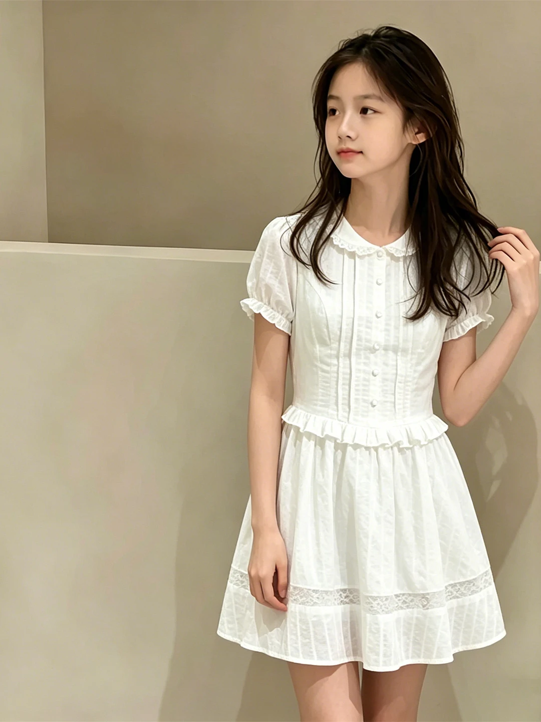

Girls Dress Children's Skirt Summer Fashionable White Ruffle Collar Cute Clothes Short Sleeve Bubble Sleeve Sweet Style
