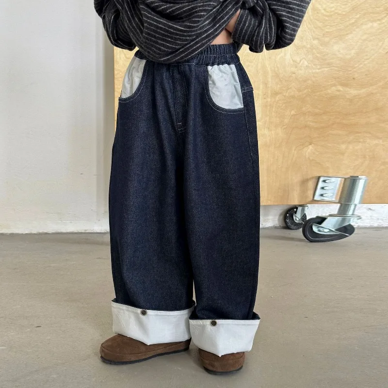 

New Boys Loose Velvet Thickened Pants Children's Versatile Denim Trendy Pants Casual Trousers 2025 Autumn and Winter