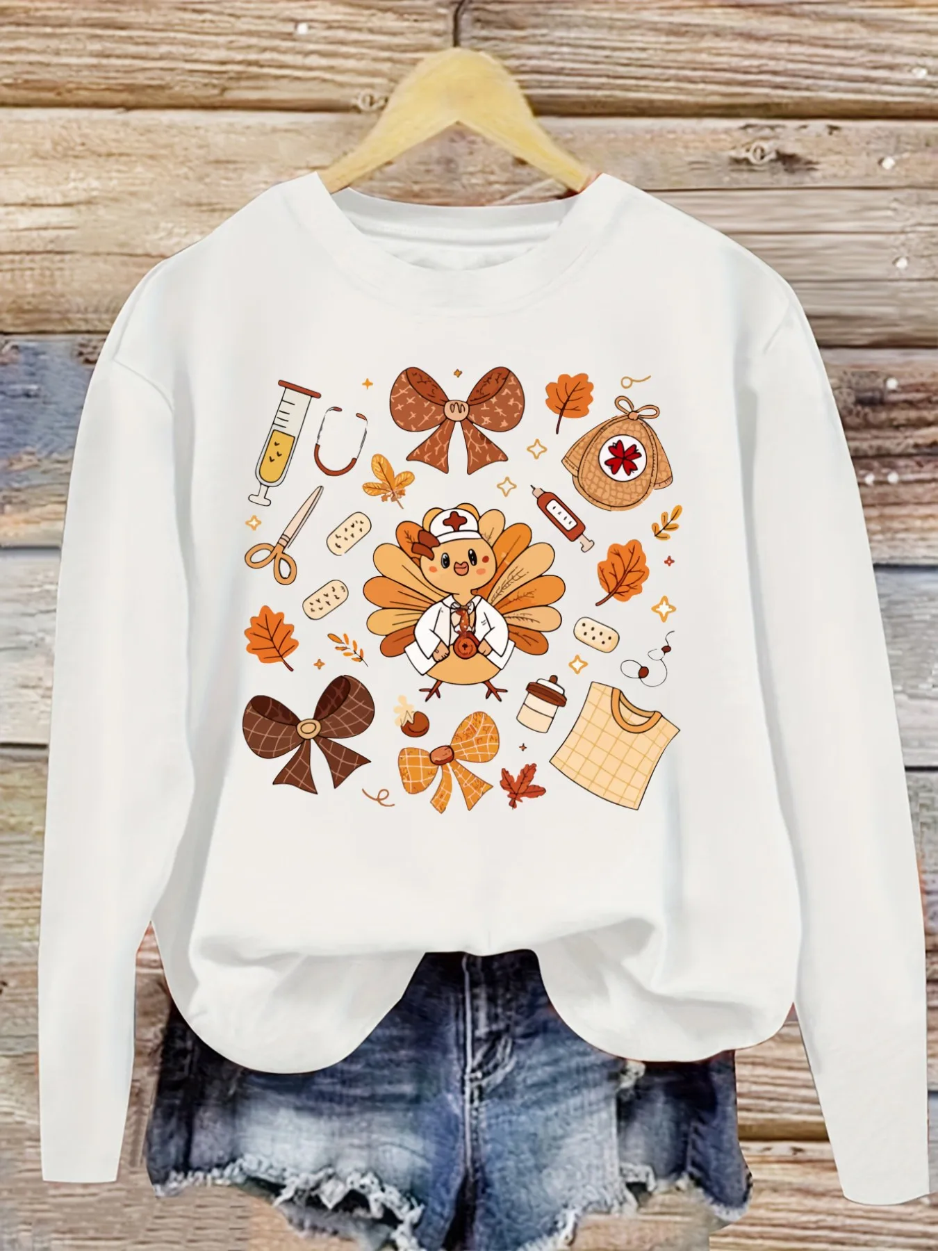 Women's Casual Long Sleeve Crew Neck T-Shirt Cute Turkey Nurse Autumn Pattern Design, Round Neck Women's Clothing, Machine Washable, Slightly Elastic, Loose Fit, Spring Autumn Winter Women's T-Shirt, Halloween Costume Outfit view 5