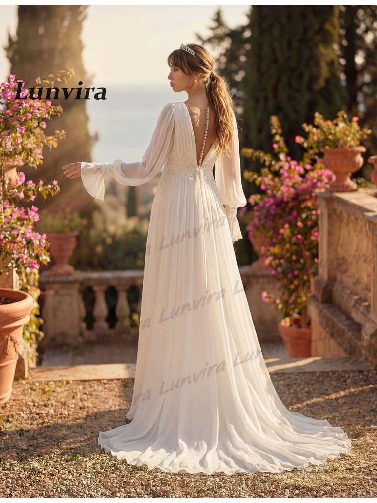 Lunvira Stylish Pleat Wedding Dress V-neck Chiffon Lace Appliques Detachable Sleeves Button Vestido De Casamento Customized