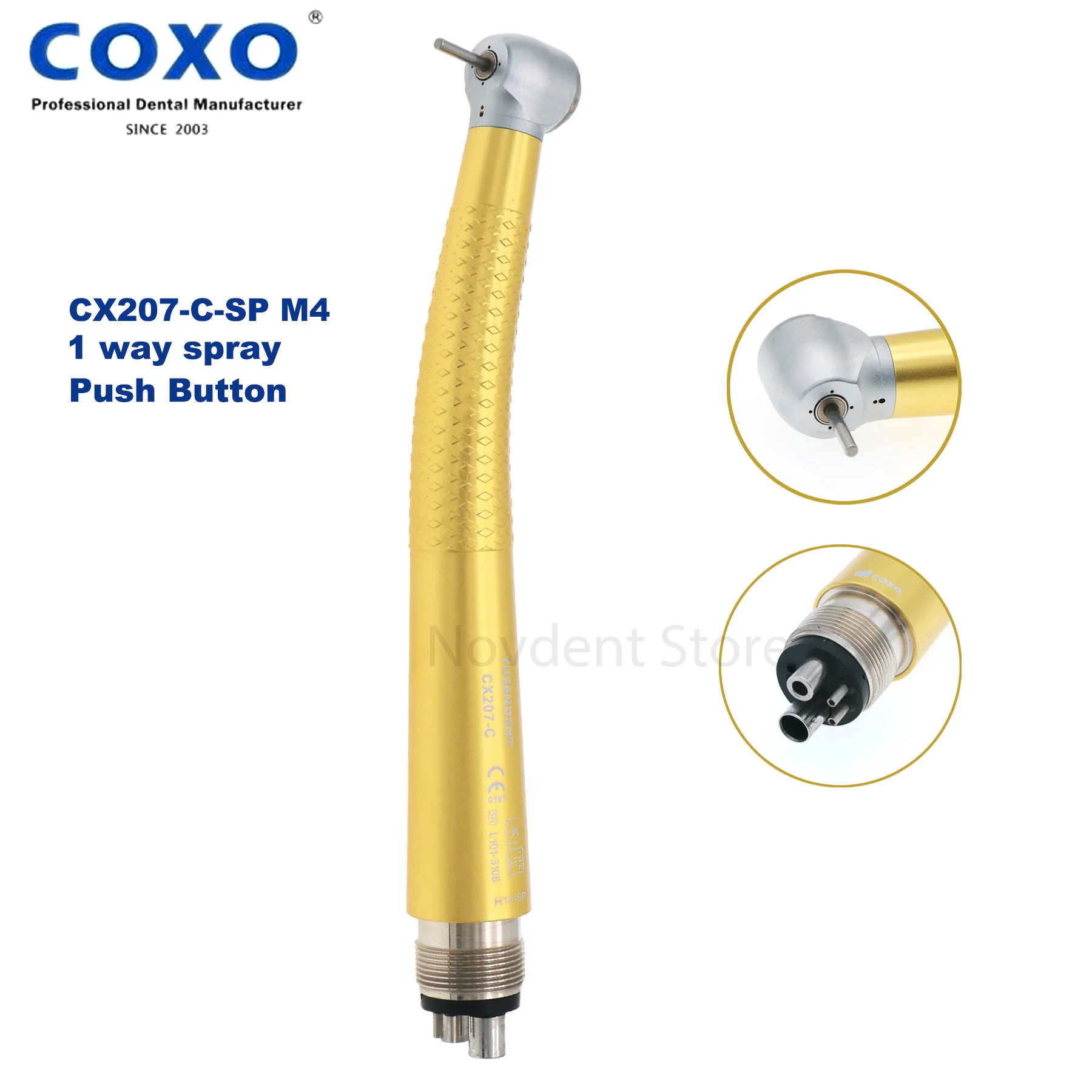 

CX207-C COXO Dental High Speed Air Turbine Handpiece Push Button M4 4 Holes Yellow