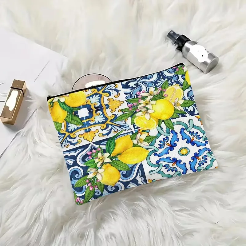 Bright Mediterranean Sicilian Tiles with Citrus Simple Makeup Organizer for Dorm Rooms Spaces Keeps Your Area Tidy and Personal