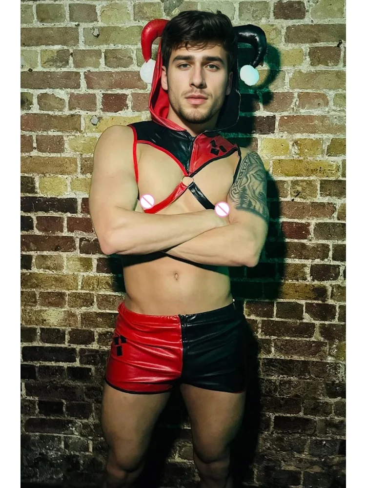 

Colorblock Pu Leather Harness Macho Clown Sexy Lingerie Halloween Holiday Party Cosplay Nightclub Stage Performance Costume Set