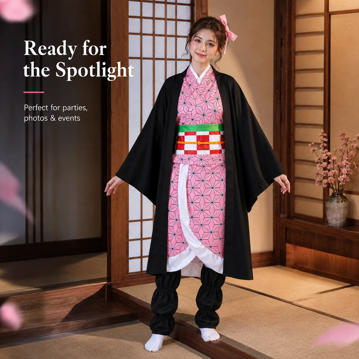 Japanischer Stil Rosa Geometrischer Kimono mit Schwarzem Haori Komplettset, Traditionelles Cosplay-Kostüm mit Obi-Gürtel, Beinabdeckungen, Haaraccessoire für Frauen, Halloween-Karneval-Themenparty