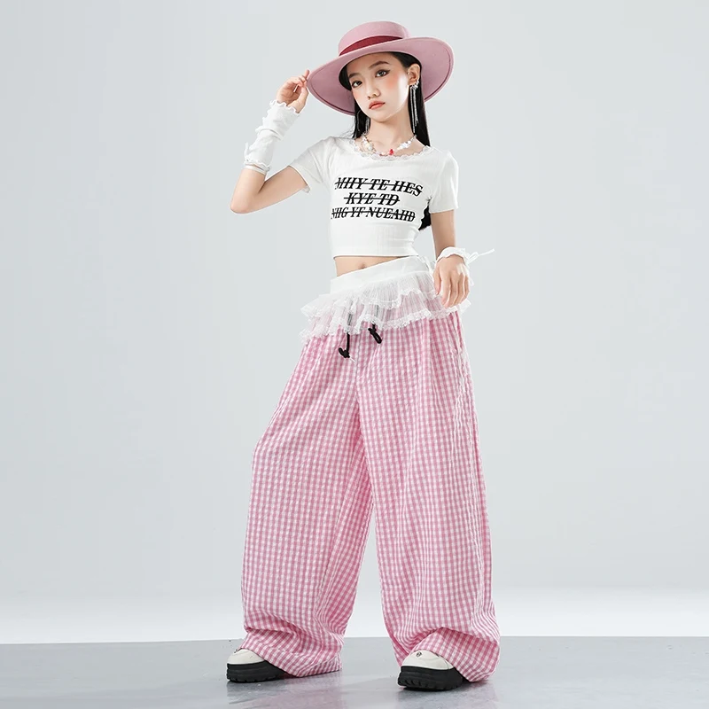 Kinder Hip Hop Kleidung Mädchen Jazz Dance Kostüm Nabel Tops Rosa Karierte Hosen Sommer Straße Tragen Kpop Leistung Anzug BL16234