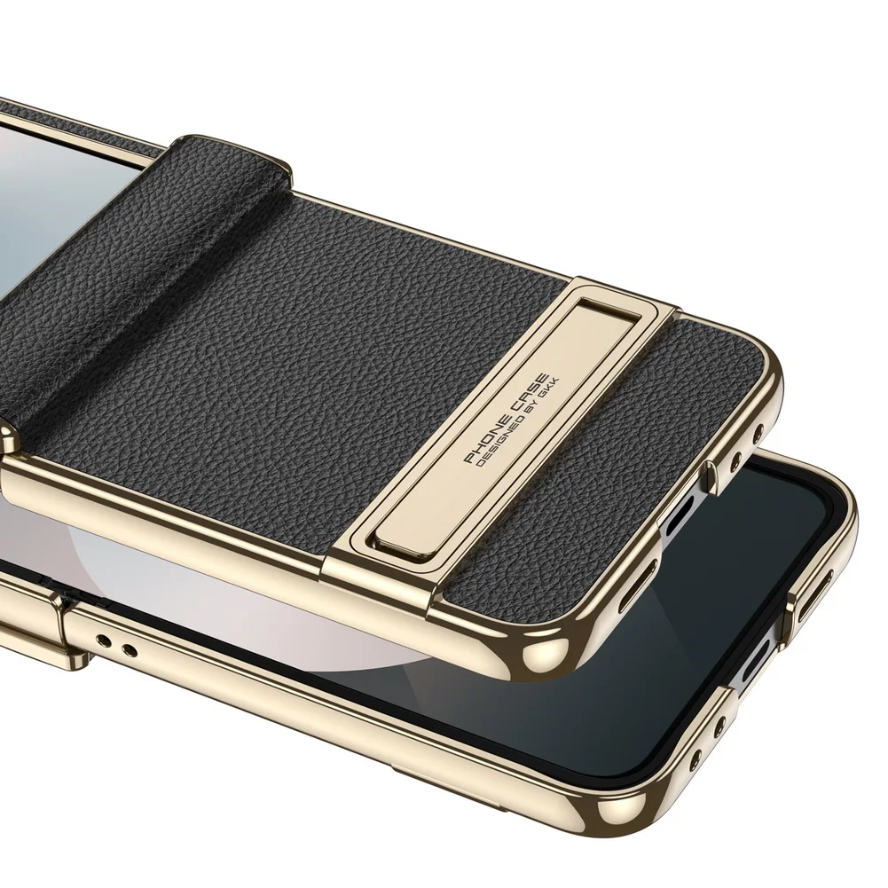 Etui z prostym skórzanym wykończeniem, ramką i uchwytem do Samsunga Z Galaxy Flip 7 FE 6 5 5G z szklaną folią ochronną. — zdjęcie produktu 4