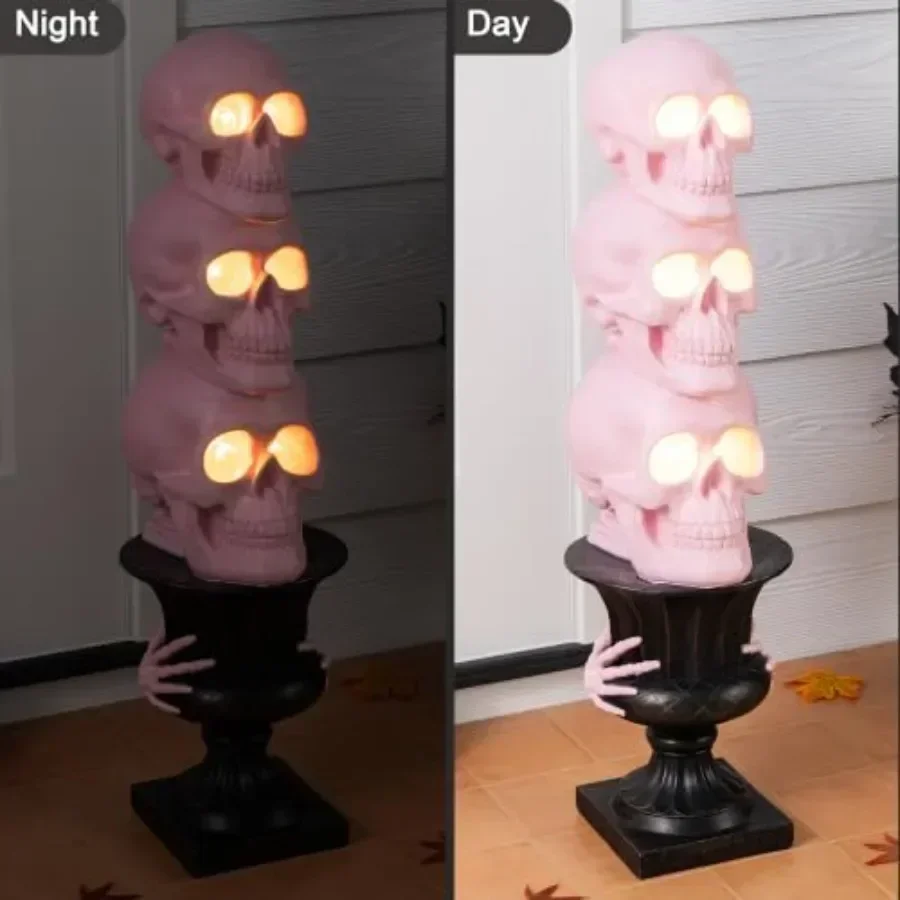 Halloween porch decor: pink MGO skeleton statue with black urn timer, 31.50 H lighted stacked decoration for outdoor indoor yar