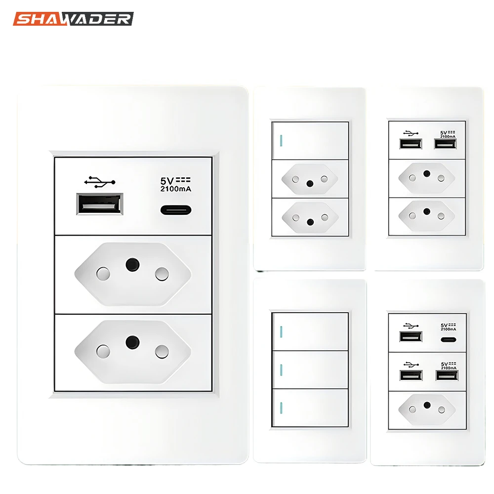 Shawader Brazil Plug Power Wall USB Socket Pressure Switch 20A Tomada Plastic Panel Position Jack Brazylijskie gniazdko Home Office