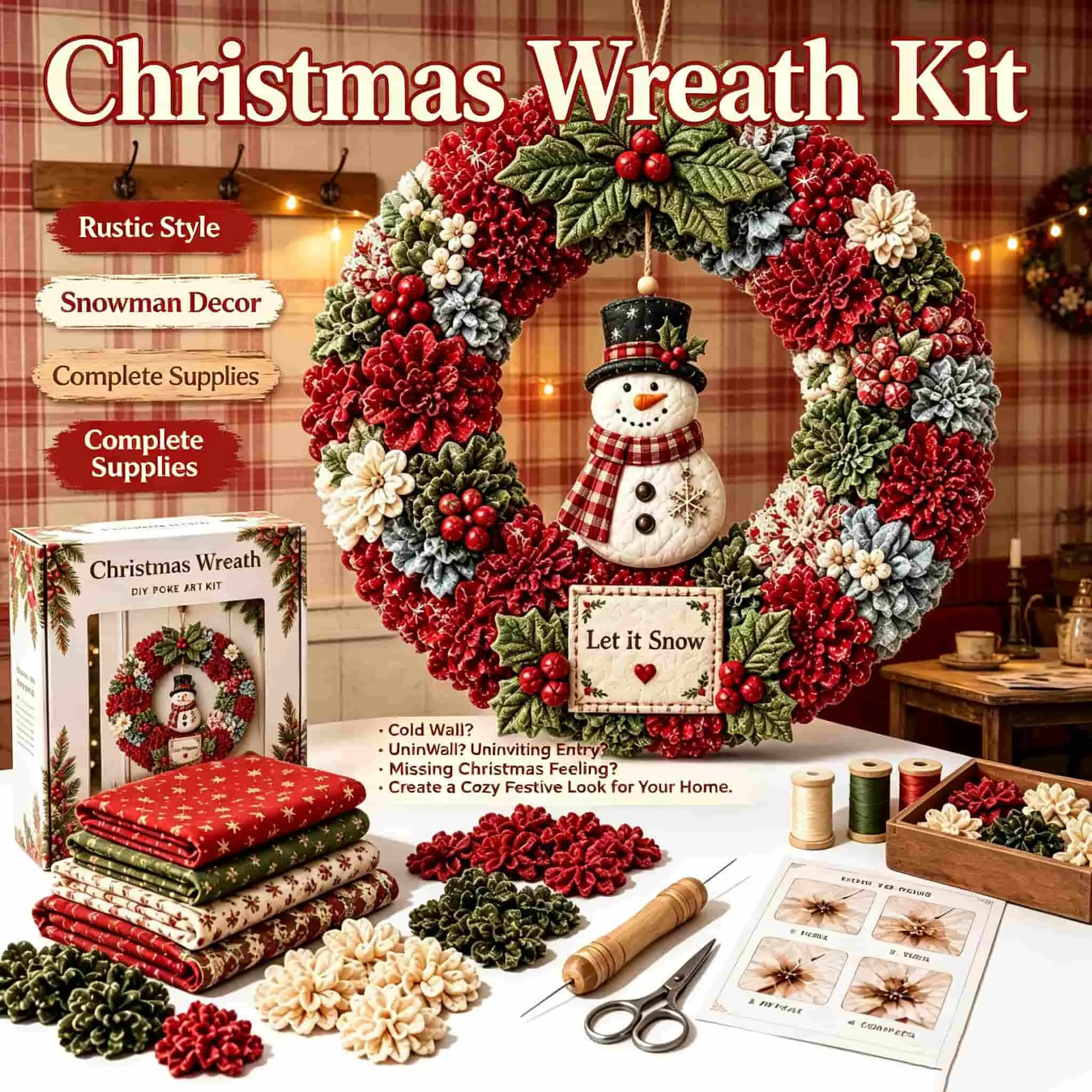 DIY Xmas Wreath Making Kit, Christmas Front Door Wreath Handmade Craft Set, Holiday Wall Hanging Decor Christmas Gift