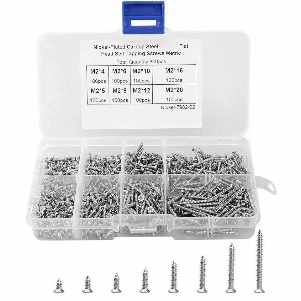 

800pcs M2 Nickel Plated Carbon Steel Screws Phillips Flat Countersunk Round Pan Head Self Tapping Wood Screws Assortment Set DIY