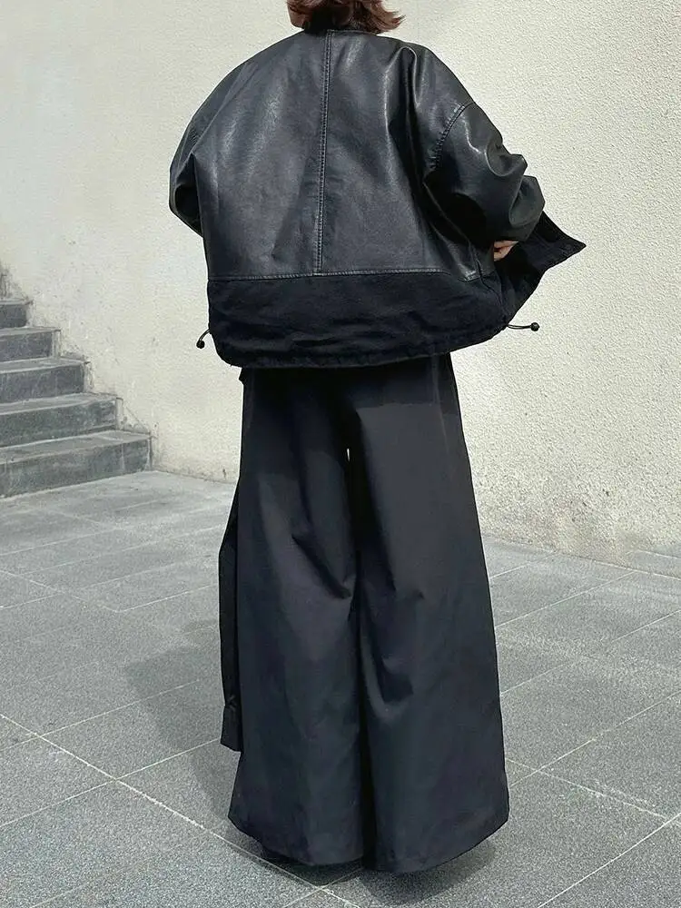 黒ポケットビッグサイズ PU レザージャケット新しいスタンドカラー長袖女性コートファッション潮春秋